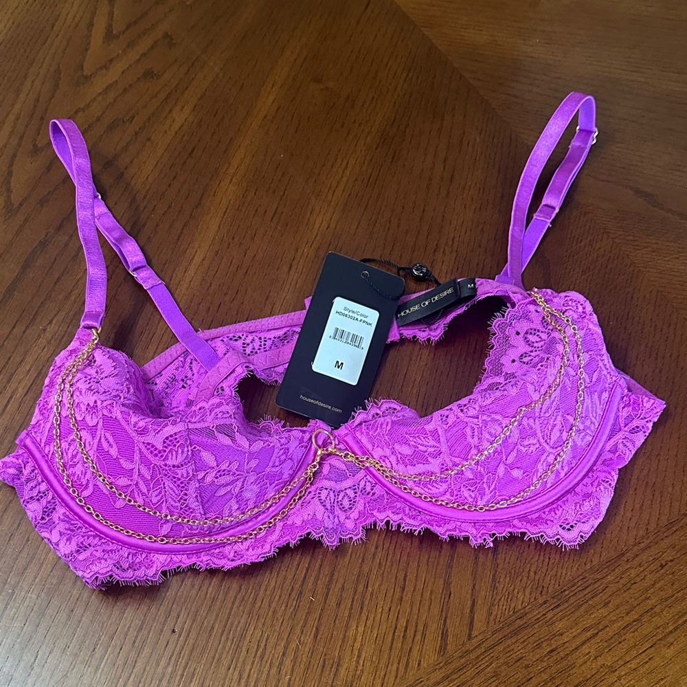 Vibrant Pink Lace Bralette with Gold Chain